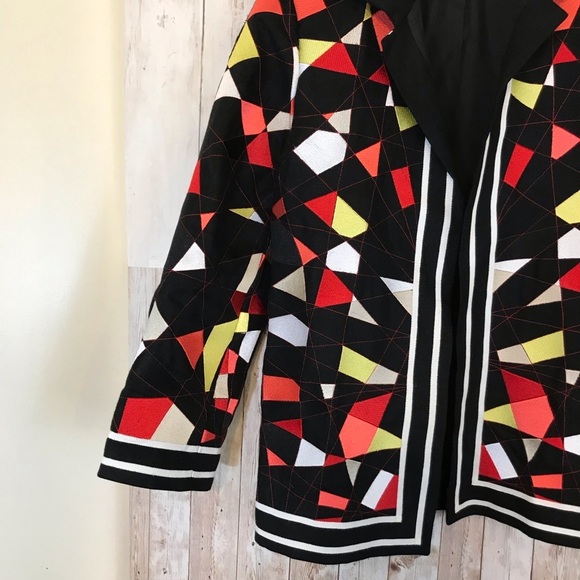 Linda Allard Ellen Tracy Black Embroidered Geometric  Linen Jacket - Picture 4 of 10